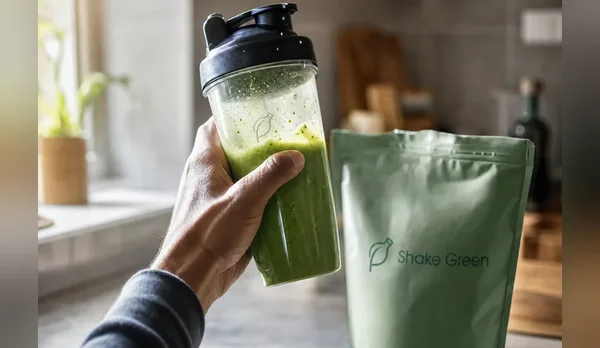 Hand schudt een shaker met groene shake naast een zakje poeder